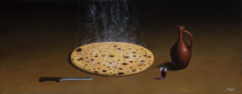 Хинкали, копченый сулугуни и саперави. Живописная Грузия в натюрмортах с национальной едой, «Имеретинский хачапури». 2023 — discours.io