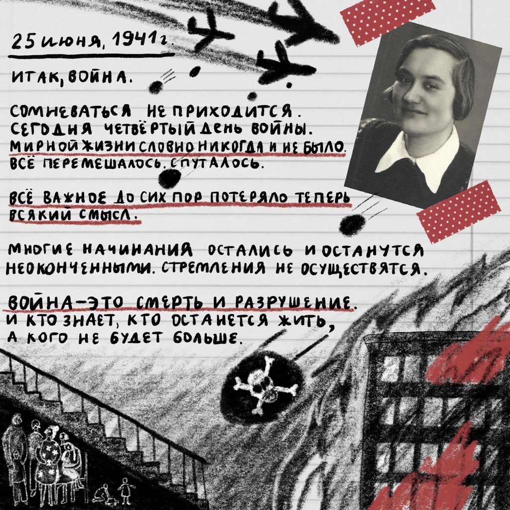 «Проклятый век! Чудовищное время!» — дневники Второй мировой в авторских иллюстрациях. Проект «Общества Мемориал», Из дневника Ирины Хорошуновой — discours.io