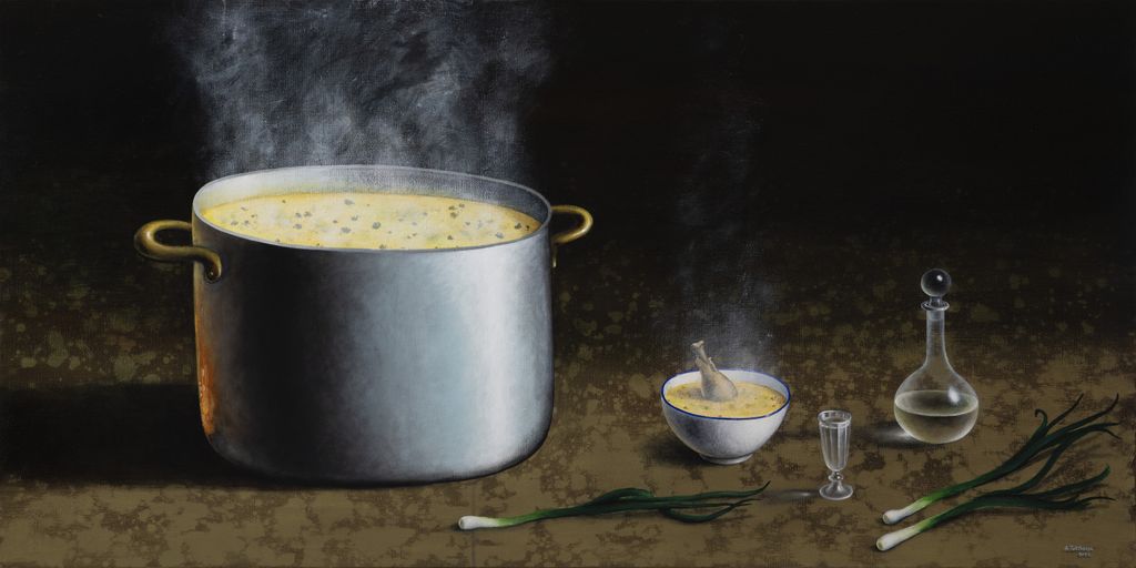 Хинкали, копченый сулугуни и саперави. Живописная Грузия в натюрмортах с национальной едой, «Триумф похмелья». 2022 — discours.io
