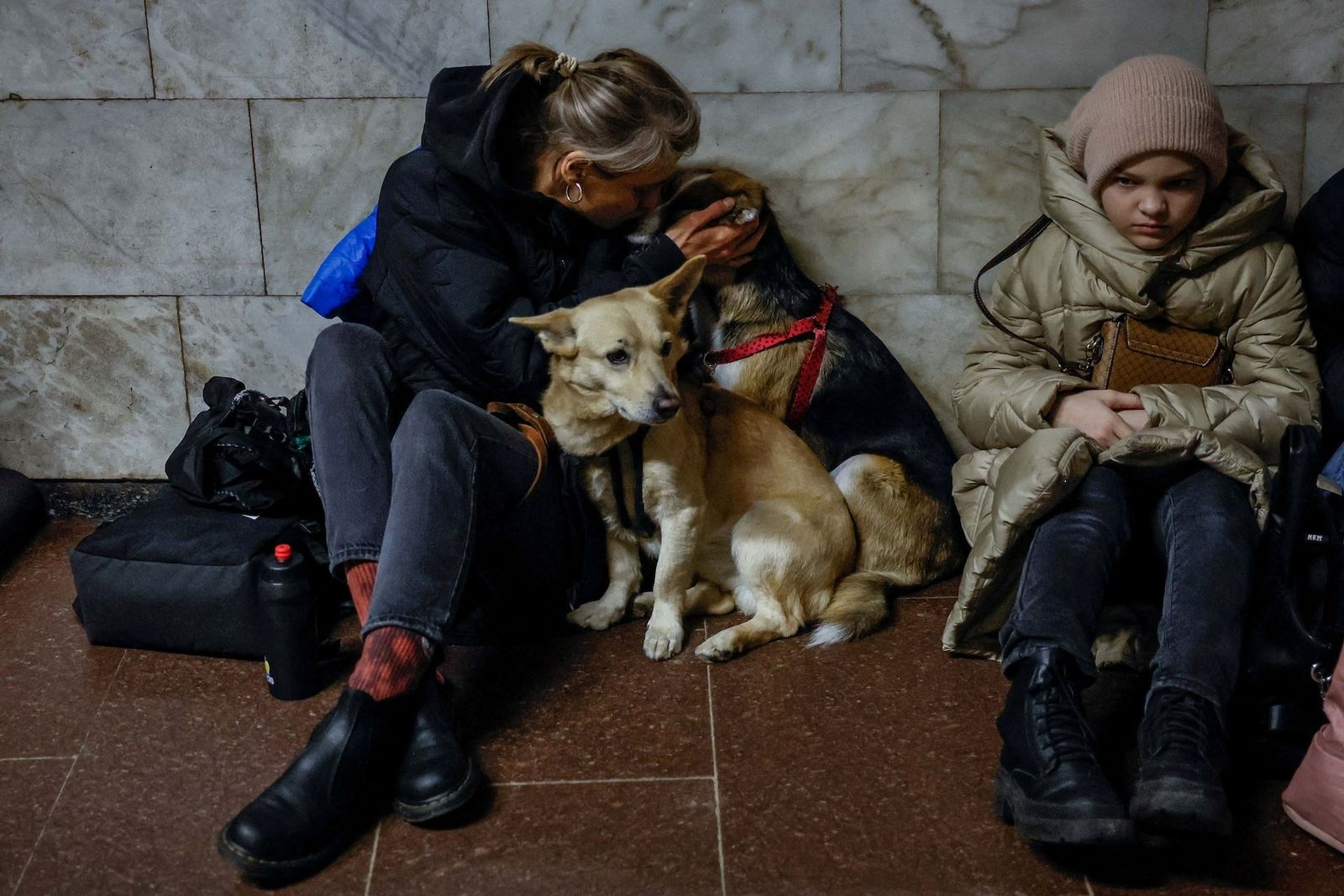 Жители со своими питомцами укрываются на станции метро во время российского ракетного удара в Киеве. 21 марта / Alina Smutko / REUTERS