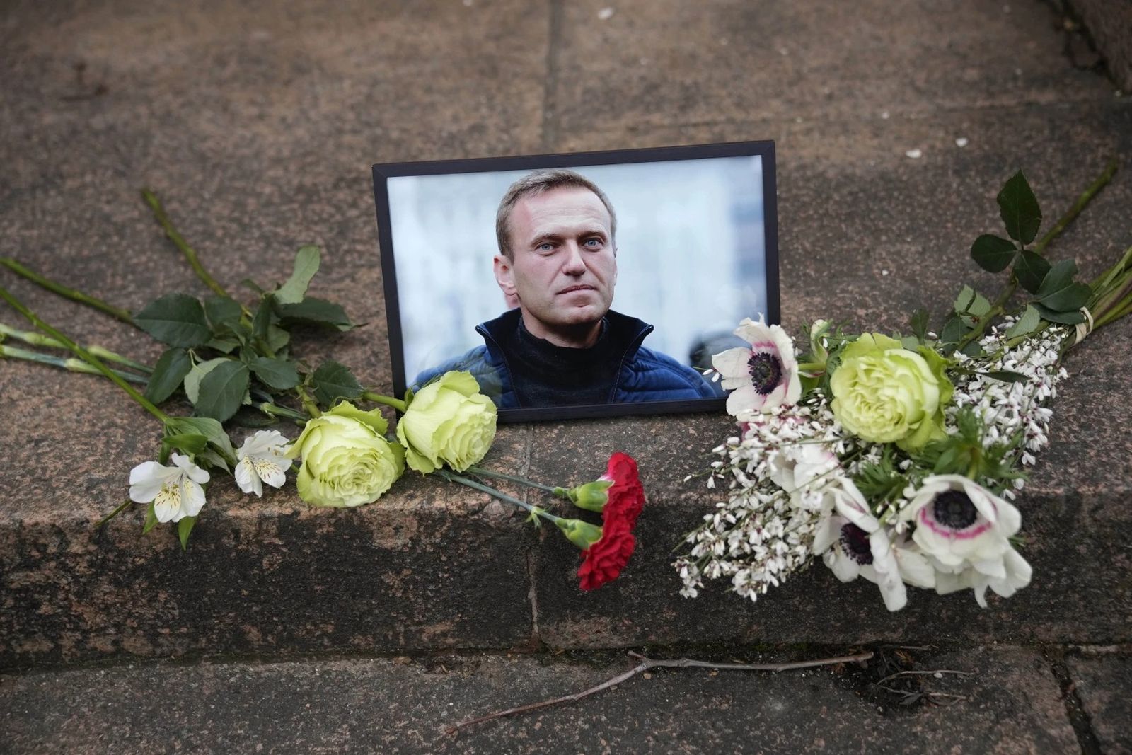 Портрет Алексея Навального и цветы возле посольства России во Франции. 16 февраля / Christophe Ena / AP Photo / Фотохроника войны. Главные кадры февраля: Навальный убит, Белгород обстреливают, ВСУ отступают из Авдеевки — Discours.io