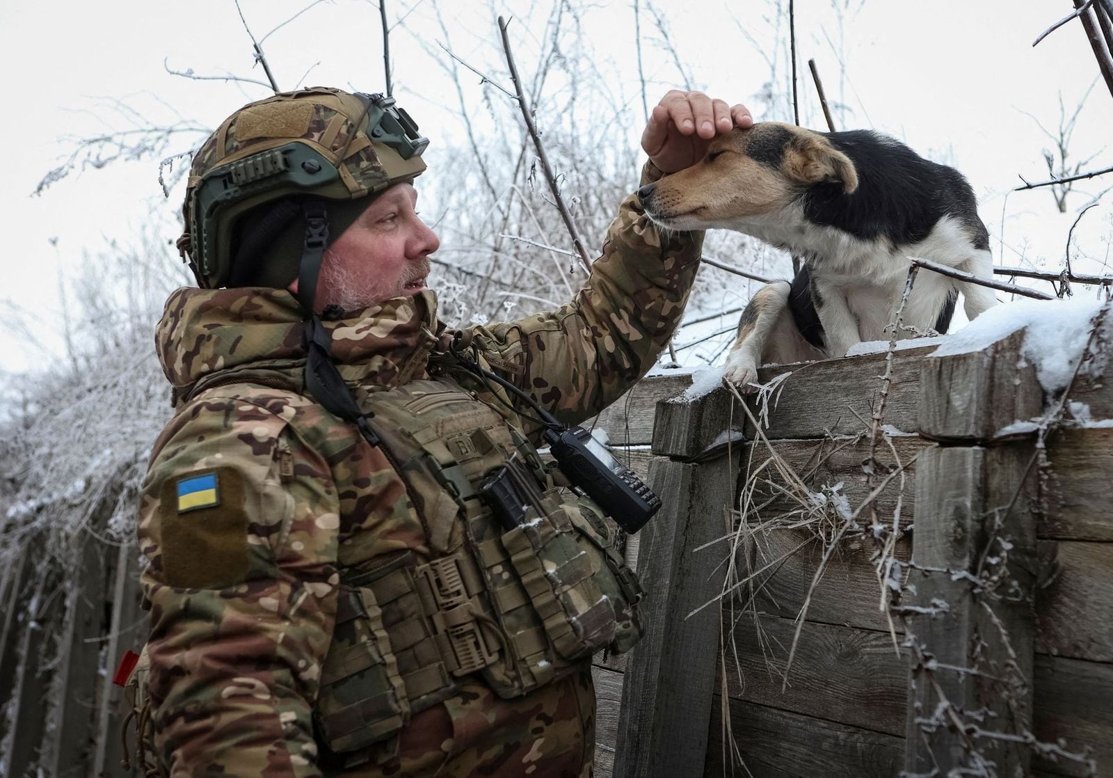 Артем, военнослужащий пехотного батальона 61-й механизированной бригады, гладит собаку в окопе на позиции у линии фронта в Харьковской области. 8 января / Sofiia Gatilova / Reuters