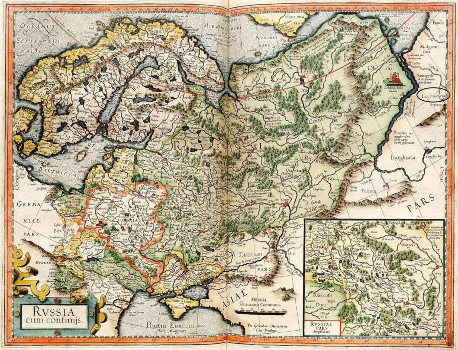 Лукоморье на карте Герарда Меркатора 1595 года (выделено овальным контуром в правом вернем углу картинки)