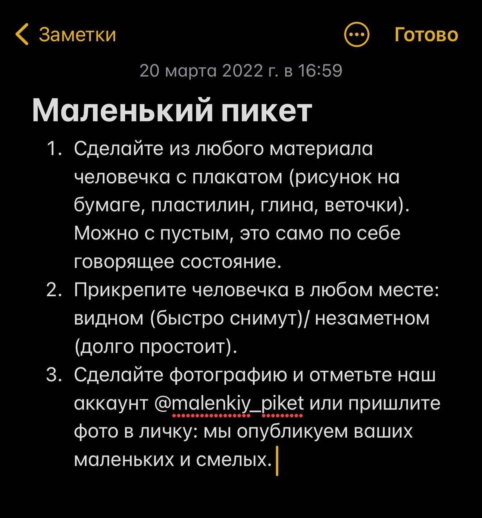 На странице проекта появились фотографии пластилиновых человечков и призыв присоединяться к акции. «Присылайте своих маленьких и смелых!» — говорилось в послании. В призыве содержалась простая схема, следуя которой каждый мог создать собственного пик