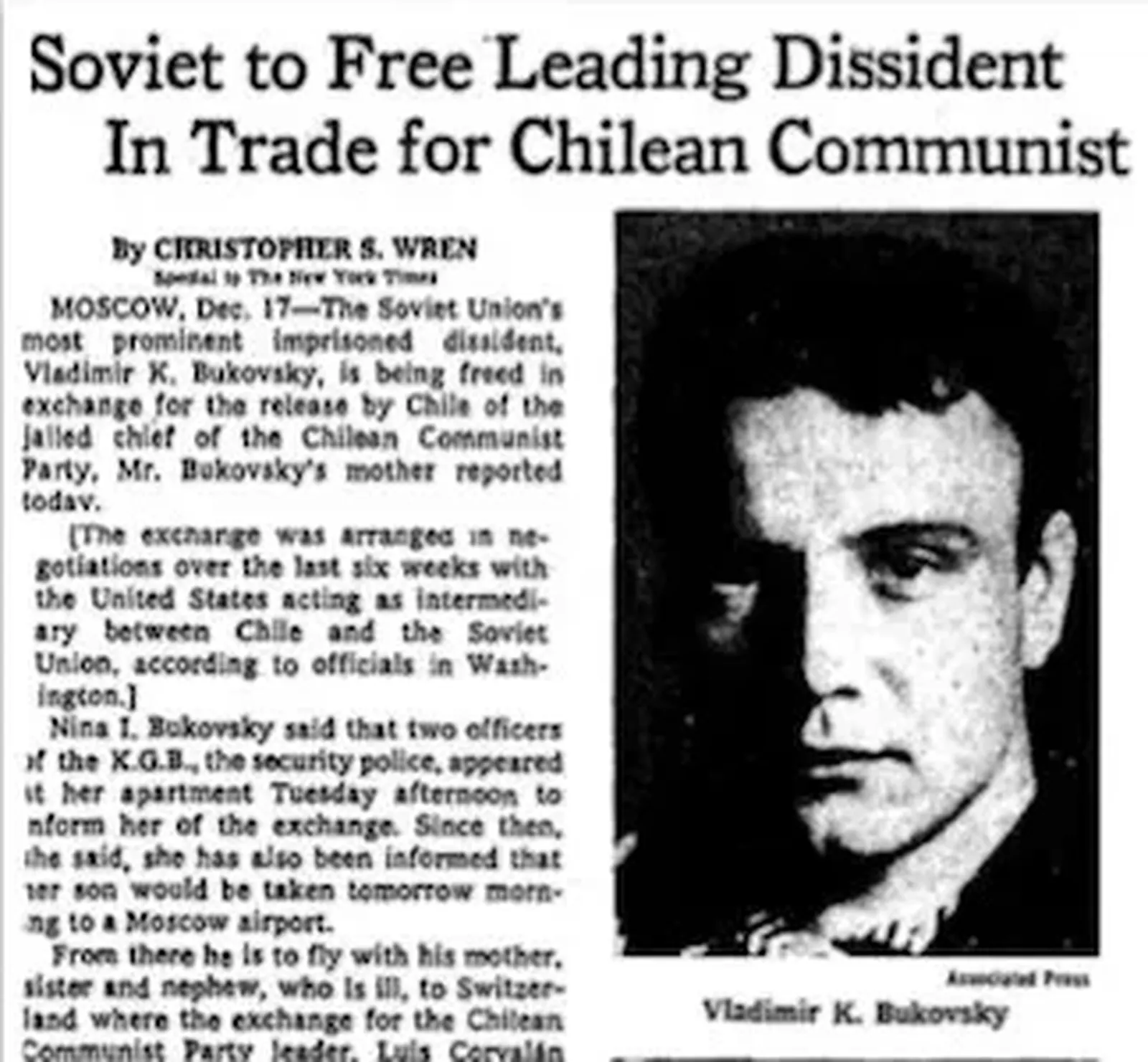 Статья в The New York Times об обмене Владимира Буковского на Луиса Корвалана, 1976 Статья в The New York Times об обмене Владимира Буковского на Луиса Корвалана, 1976