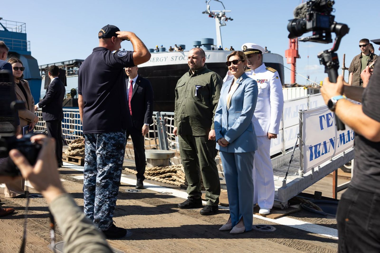 Церемония спуска на воду второго корвета класса «Ada» «Гетман Иван Выговский», построенного для Военно-морских сил Украины. В ней приняли участие первая леди Украины Елена Зеленская, министр обороны страны Рустем Умеров, командующий Военно-морских си