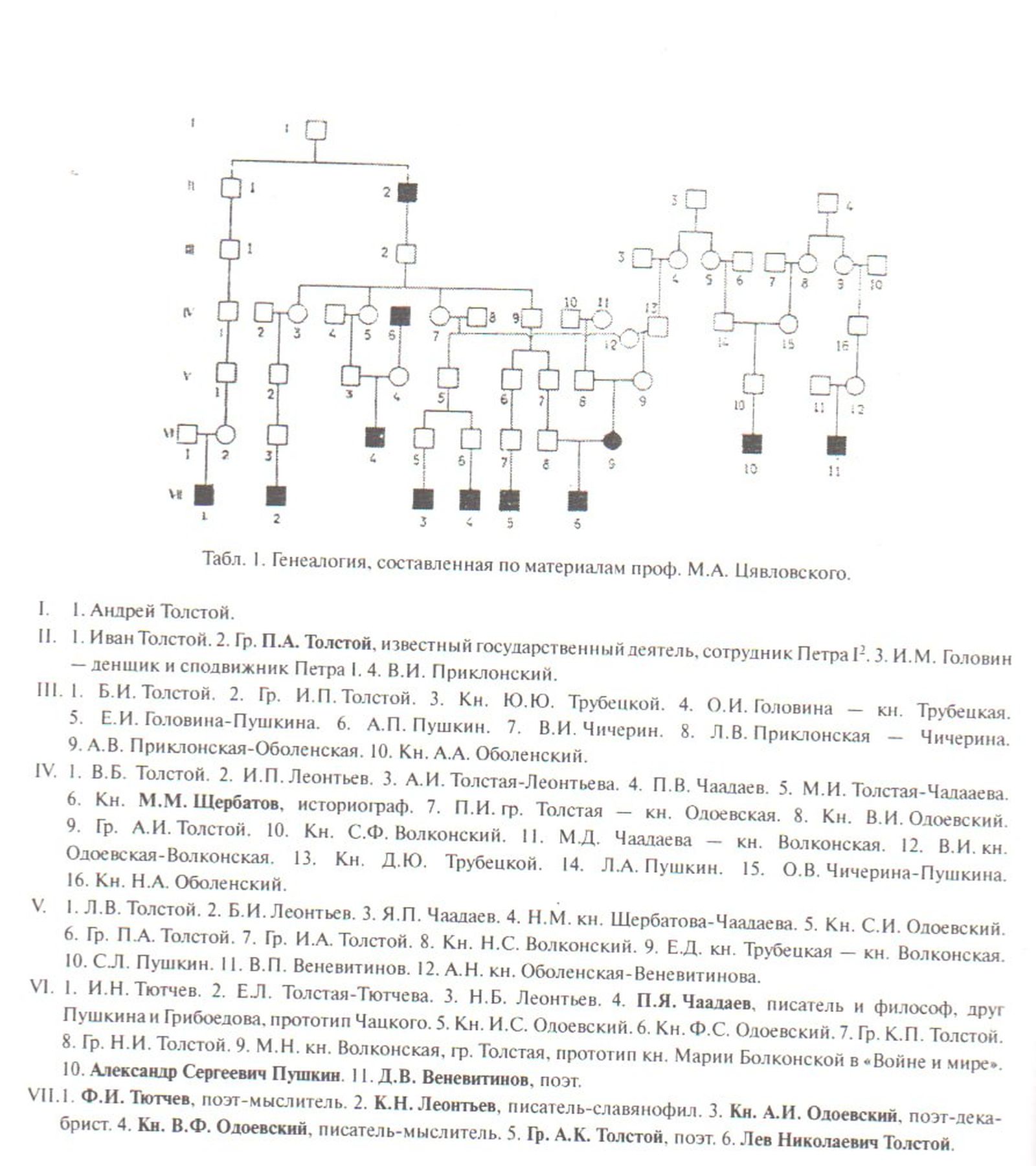 Пример генеалогического древа рода Толстых. Приводится по материалам «Родословная гениальности: из истории отечественной науки 1920-х гг.» под рецензией В. И. Иванова, И. В. Сахарова