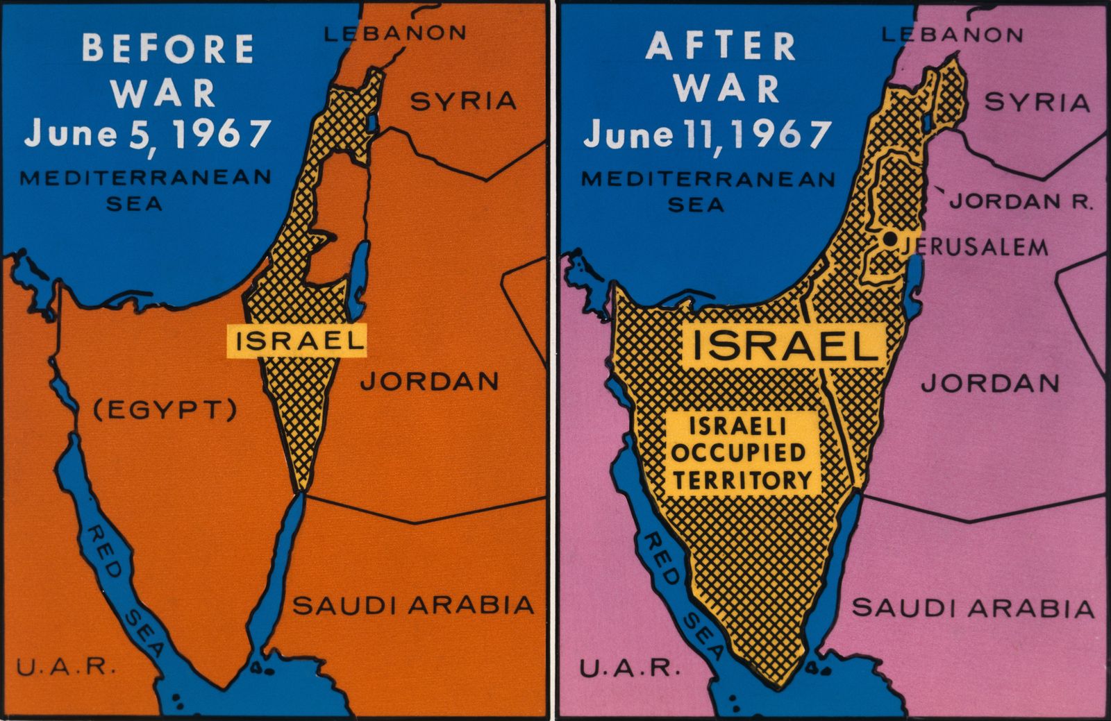 До и после Шестидневной войны 1967 года. Источник: Bettmann / Contributor / Getty Images