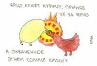 Куры, яйца и зерна, Яйцо клюет курицу, приняв ее за зерно — миниатюра