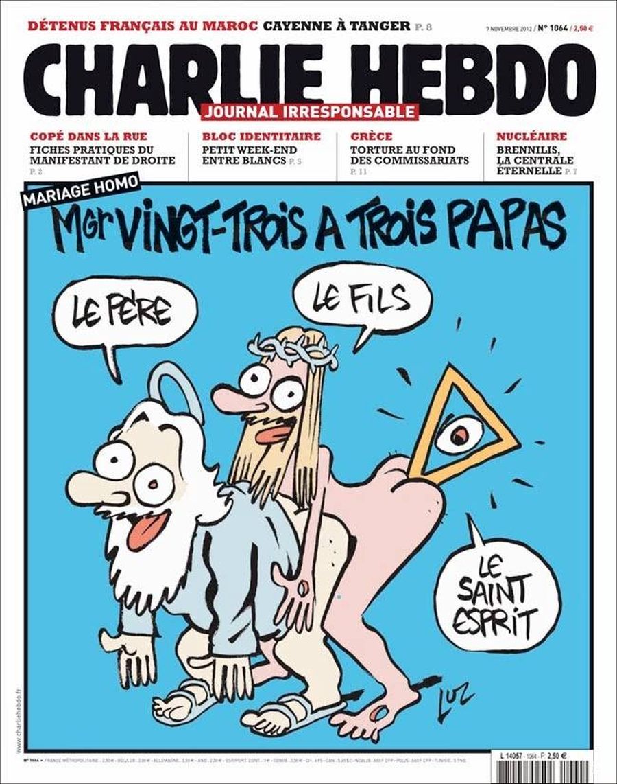 Карикатура на Иисуса. Слева-направо: Отец, Сын, Святой Дух/Charlie Hebdo Карикатура на Иисуса. Слева-направо: Отец, Сын, Святой Дух/Charlie Hebdo