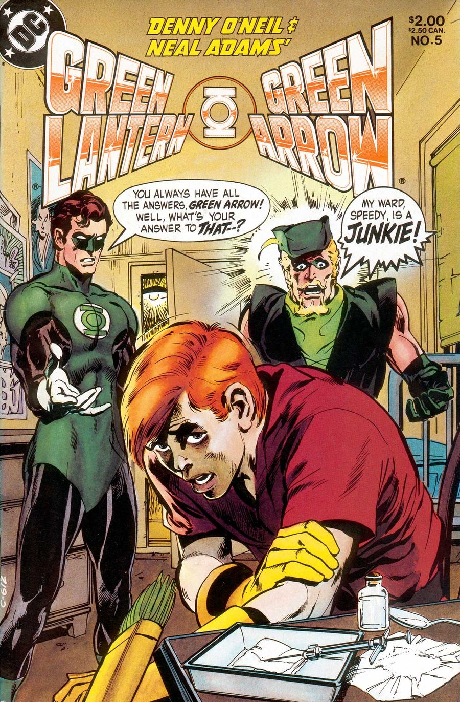 Обложка комикса Green Lantern/Green Arrow #85-86 1971 года, в котором помощник Зеленой Стрелы начинает принимать наркотики.