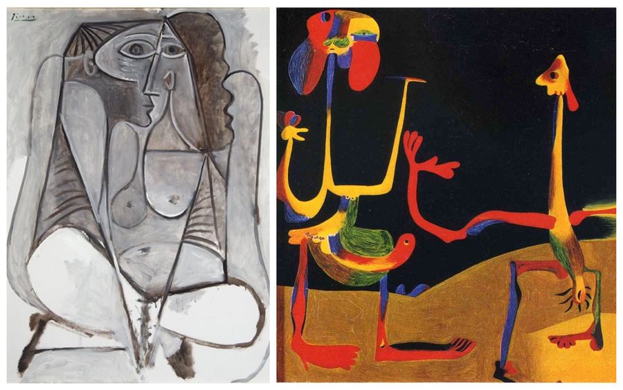 Слева: Женщина на корточках. Пабло Пикассо. 1958 / picassolive.ru Справа: Мужчина и женщина перед кучей экскрементов. Жоан Миро. 1935. Фрагмент / Wikimedia Commons Слева: Женщина на корточках. Пабло Пикассо. 1958 / picassolive.ru Справа: Мужчина и женщина перед кучей экскрементов. Жоан Миро. 1935. Фрагмент / Wikimedia Commons